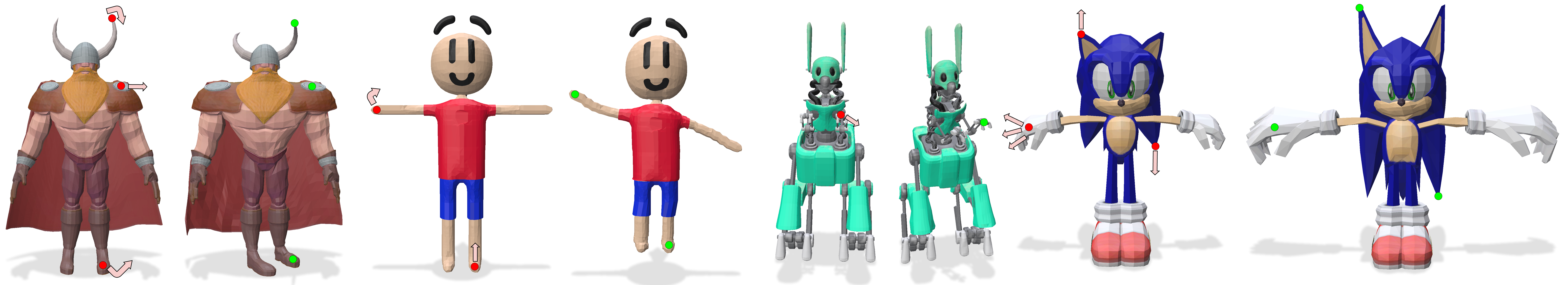 handle-based deformations of Objaverse shapes driven by MeshFM features.