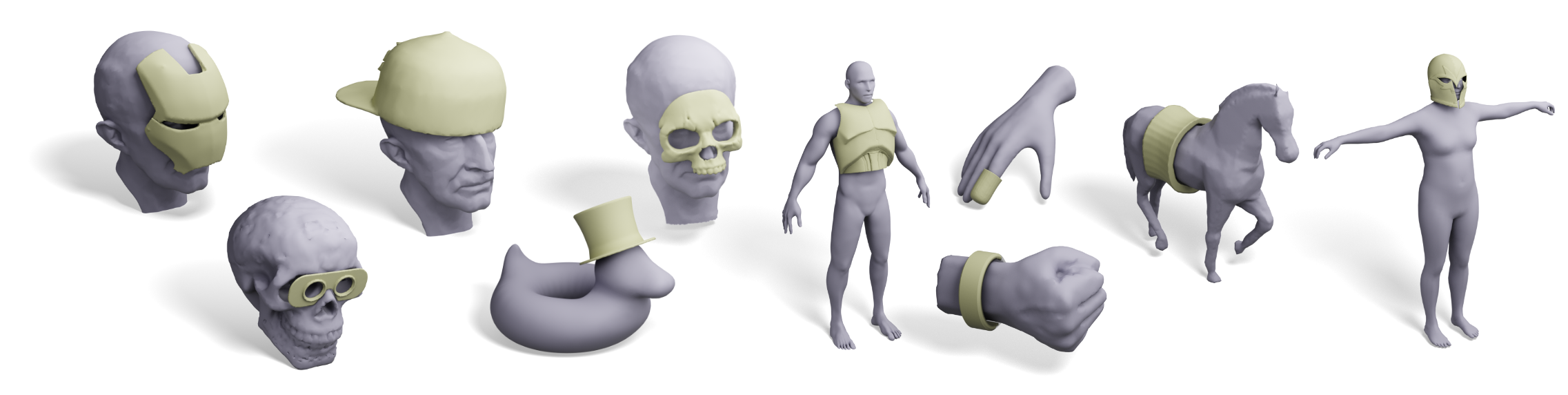 Applications of MeshOn across a wide range of meshes and accessories