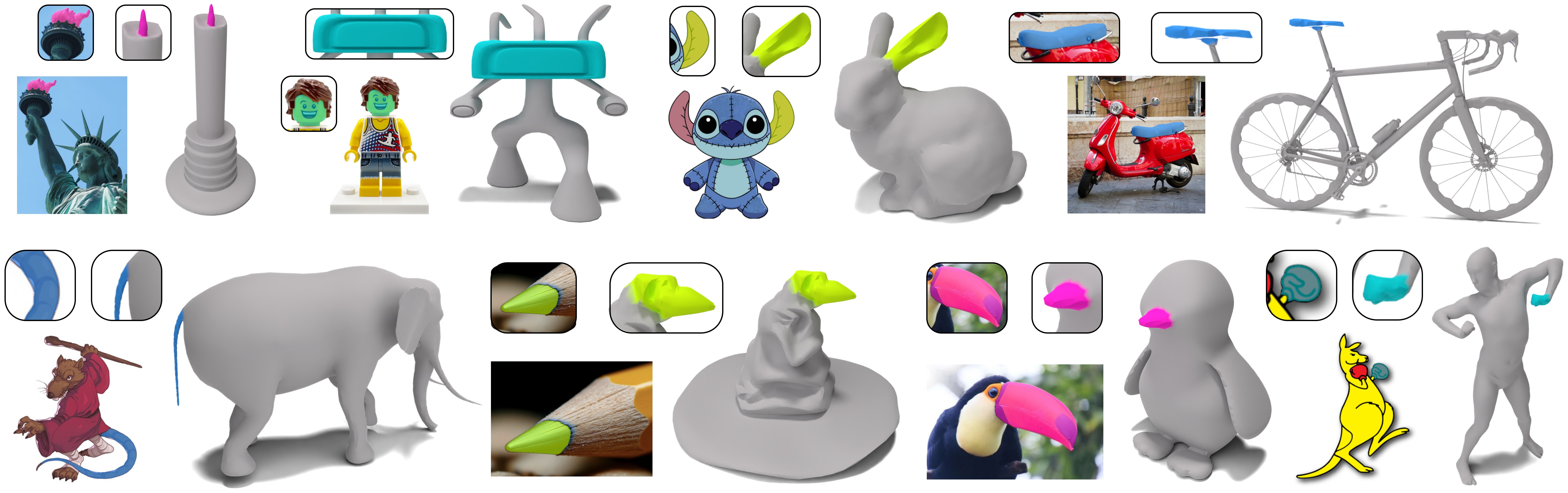 gallery of image-shape correspondence results, where the region in the image and the shape are marked with the same color. The matched parts from left to right: first row: flame, head, ear, seat; Second row: tail, tip, beak, fist.